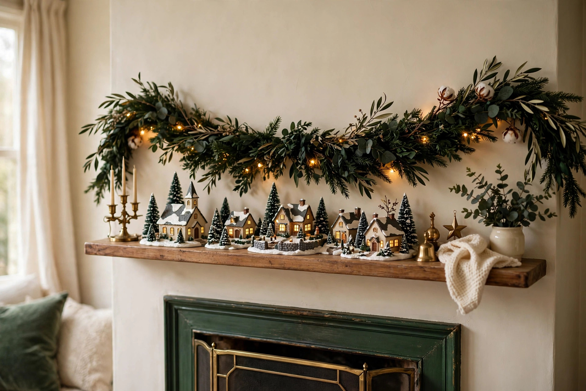 Miniature Christmas village scene styled on a living room mantel with warm lights