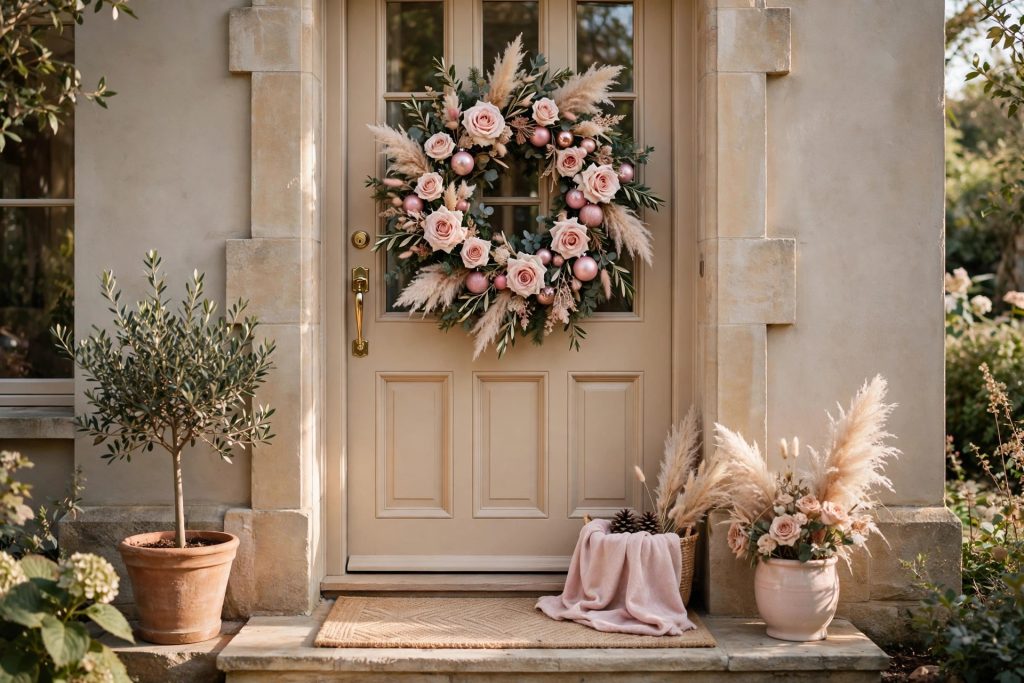 Front door wreath of dried roses, pampas grass and pink ornaments with a velvet bow