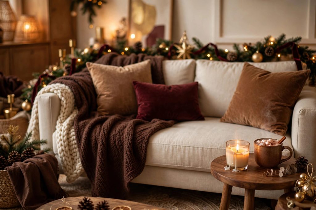 Neutral sofa styled with chocolate throw pillows and a toffee knit throw for Christmas