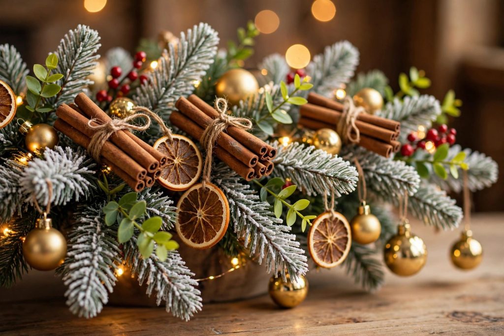 Handmade cinnamon-stick bundle ornaments with citrus tags on a flocked Christmas tree