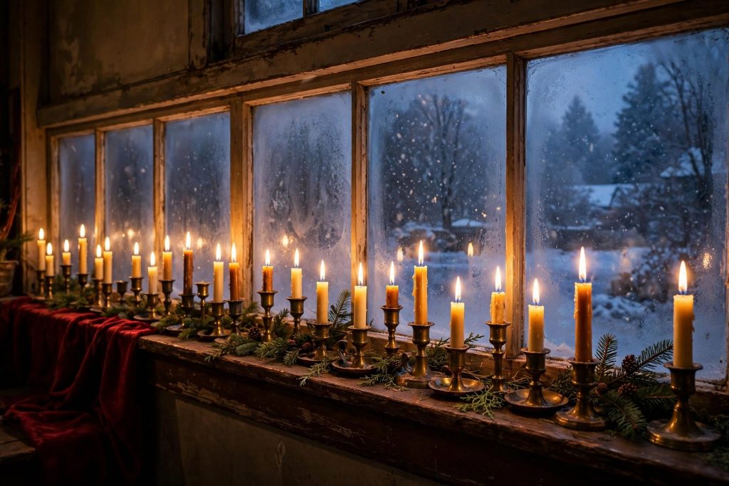 Window sills lined with candles in brass holders glowing at dusk