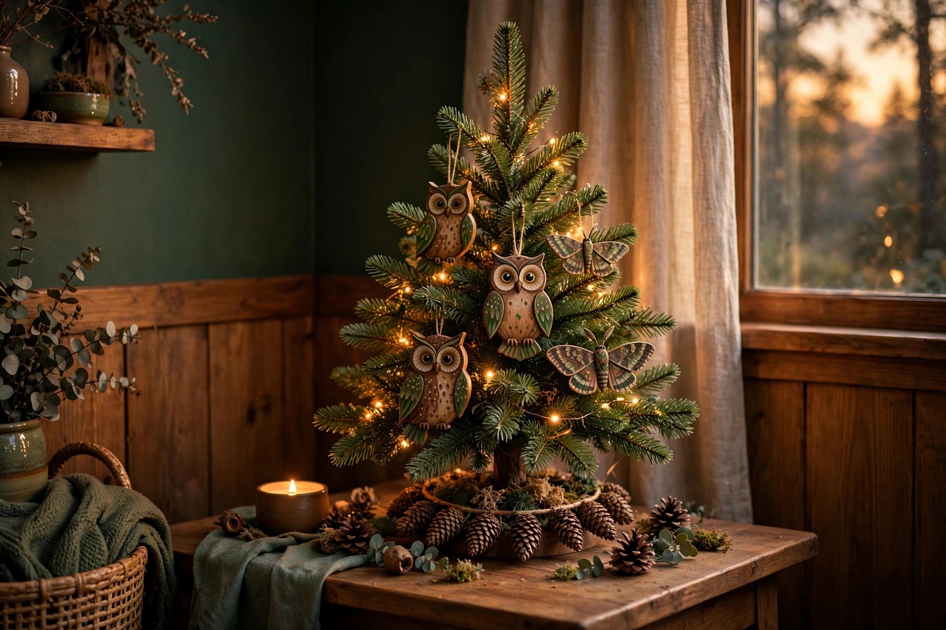 Hand-painted wooden owl and moth ornaments hanging on a small Christmas tree
