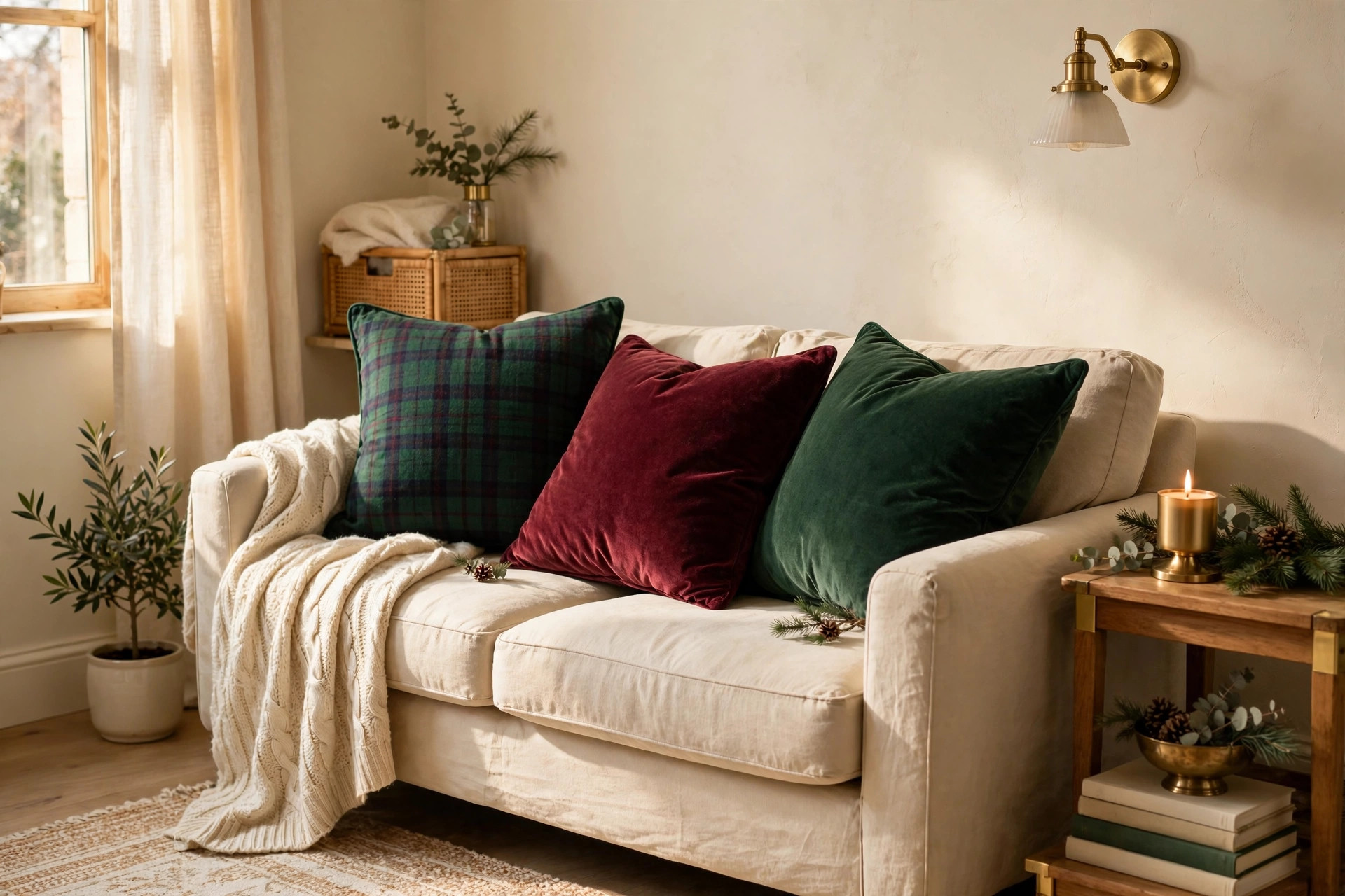 Plaid and velvet Christmas cushion covers in deep green and burgundy on a living room sofa