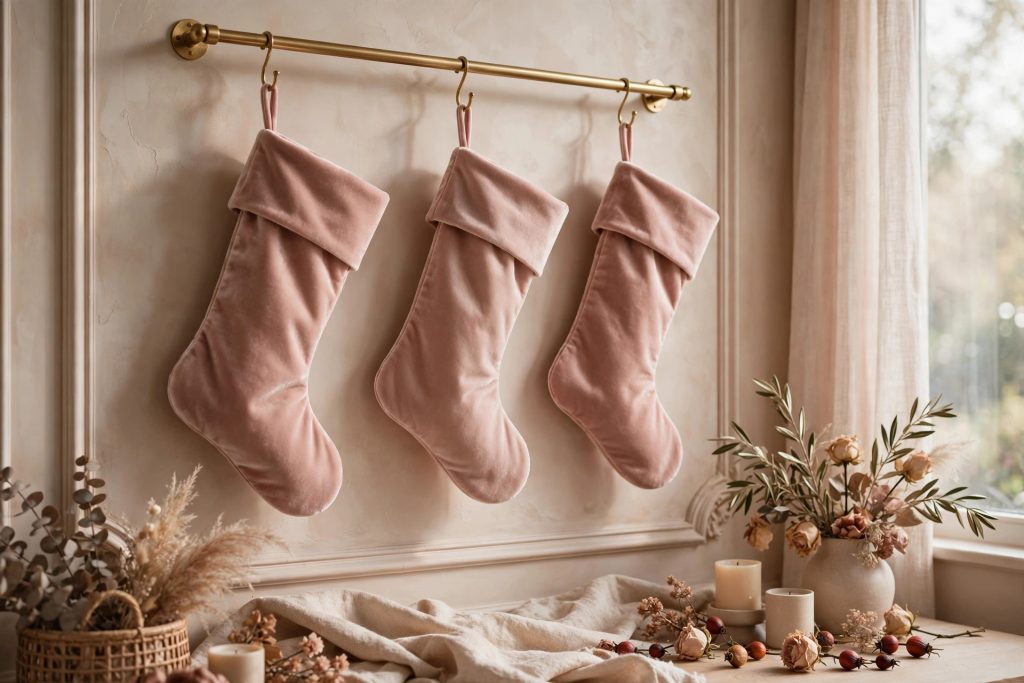 Blush velvet Christmas stockings hanging from gold hooks on a brass rail