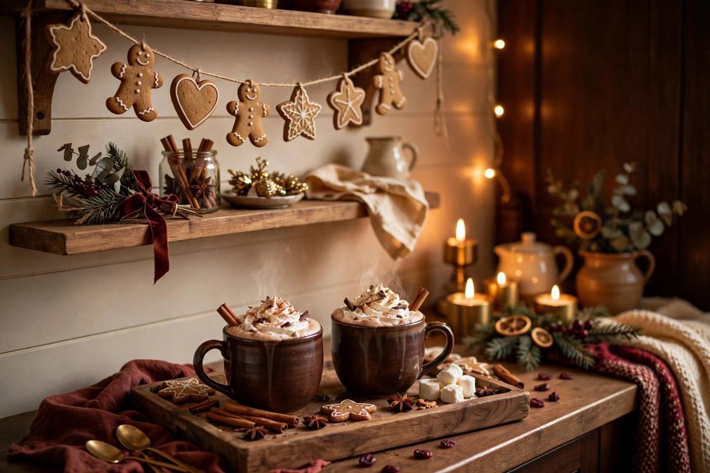 Gingerbread cocoa corner with gingerbread garland and steaming cocoa mugs on a tray