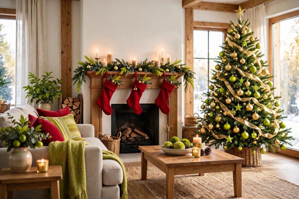 Classic red and green Christmas decor refreshed with lime-green accents and gold