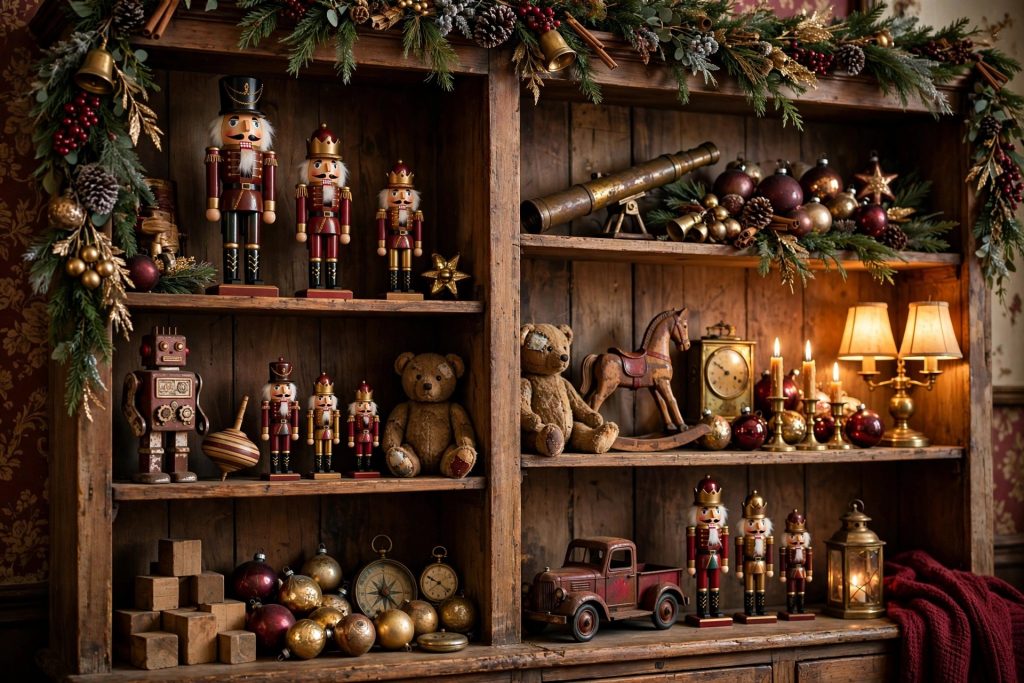 Bookshelf styled with wooden nutcrackers, vintage Christmas figurines and greenery sprigs