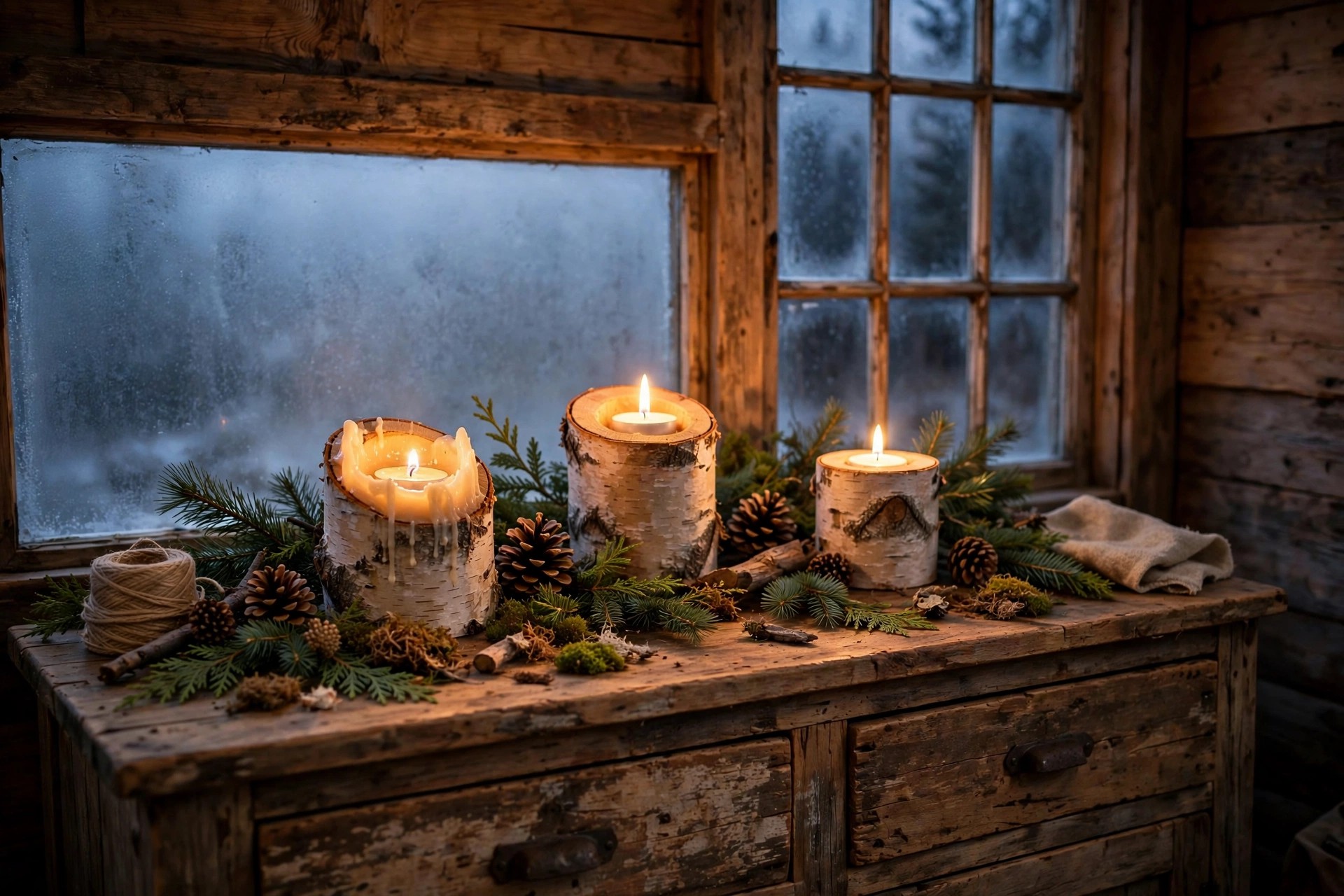 DIY birch log candle holders glowing at dusk
