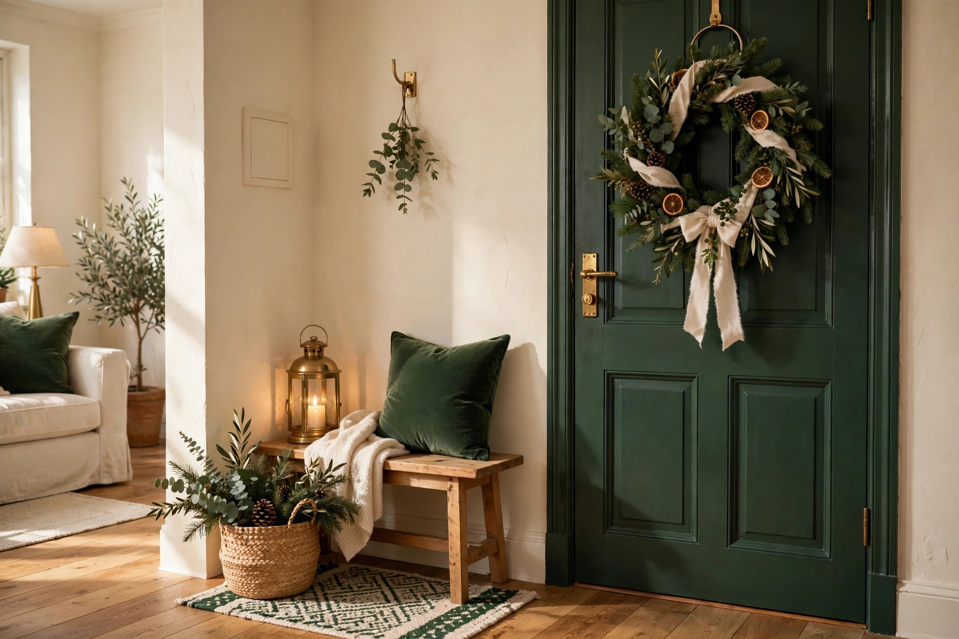 Christmas entryway vignette with a wreath, lantern and small bench beside a living room door