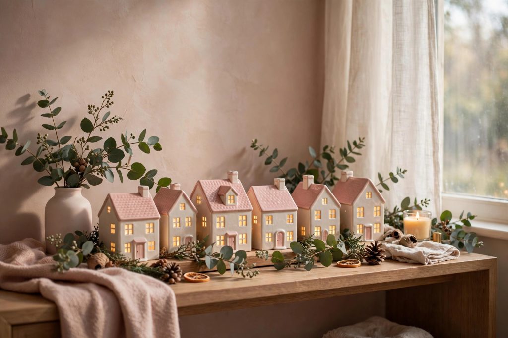 Ceramic Christmas village with blush pink roofs on a console table