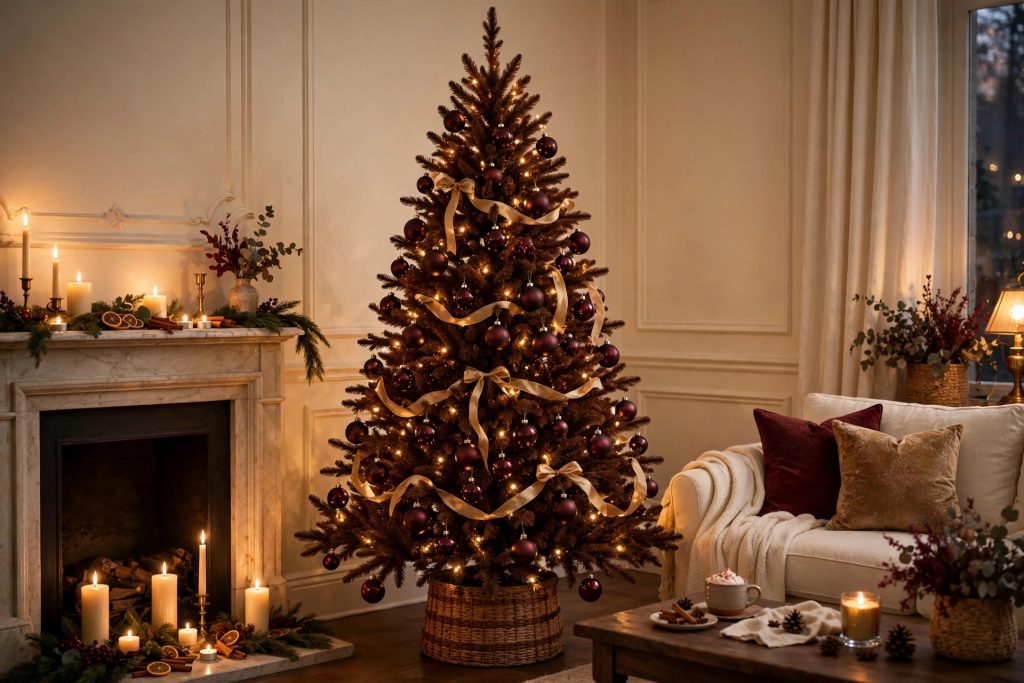 Chocolate brown Christmas tree with deep burgundy baubles in candlelight