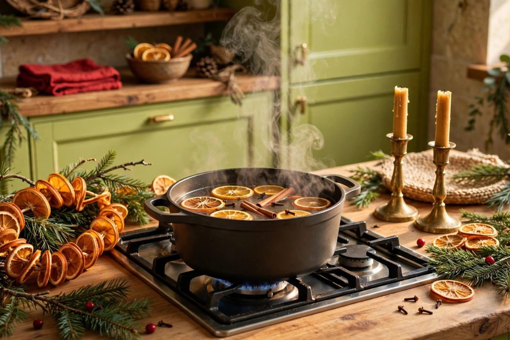 Simmer-pot display with orange slices, cinnamon sticks and cloves on the stovetop