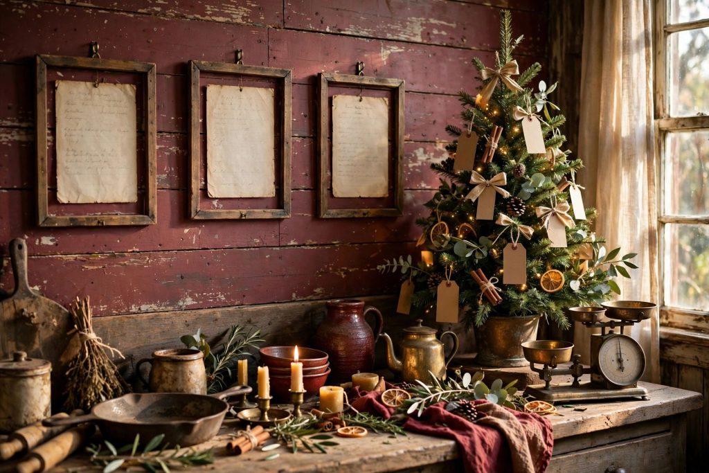 Christmas tree decorated with handwritten recipe cards tied with twine