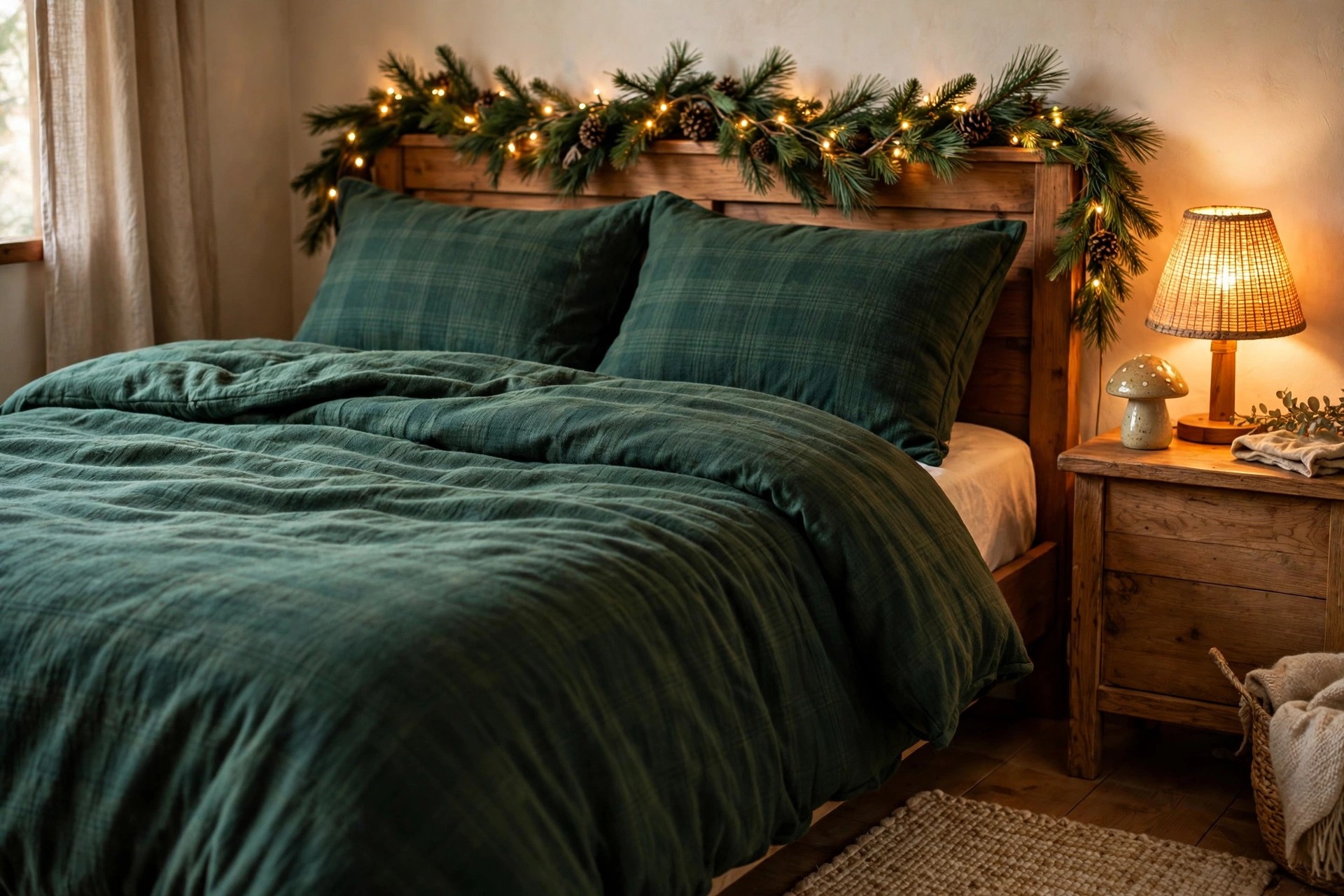 Woodland bedroom corner with flannel bedding and pine garland over the headboard