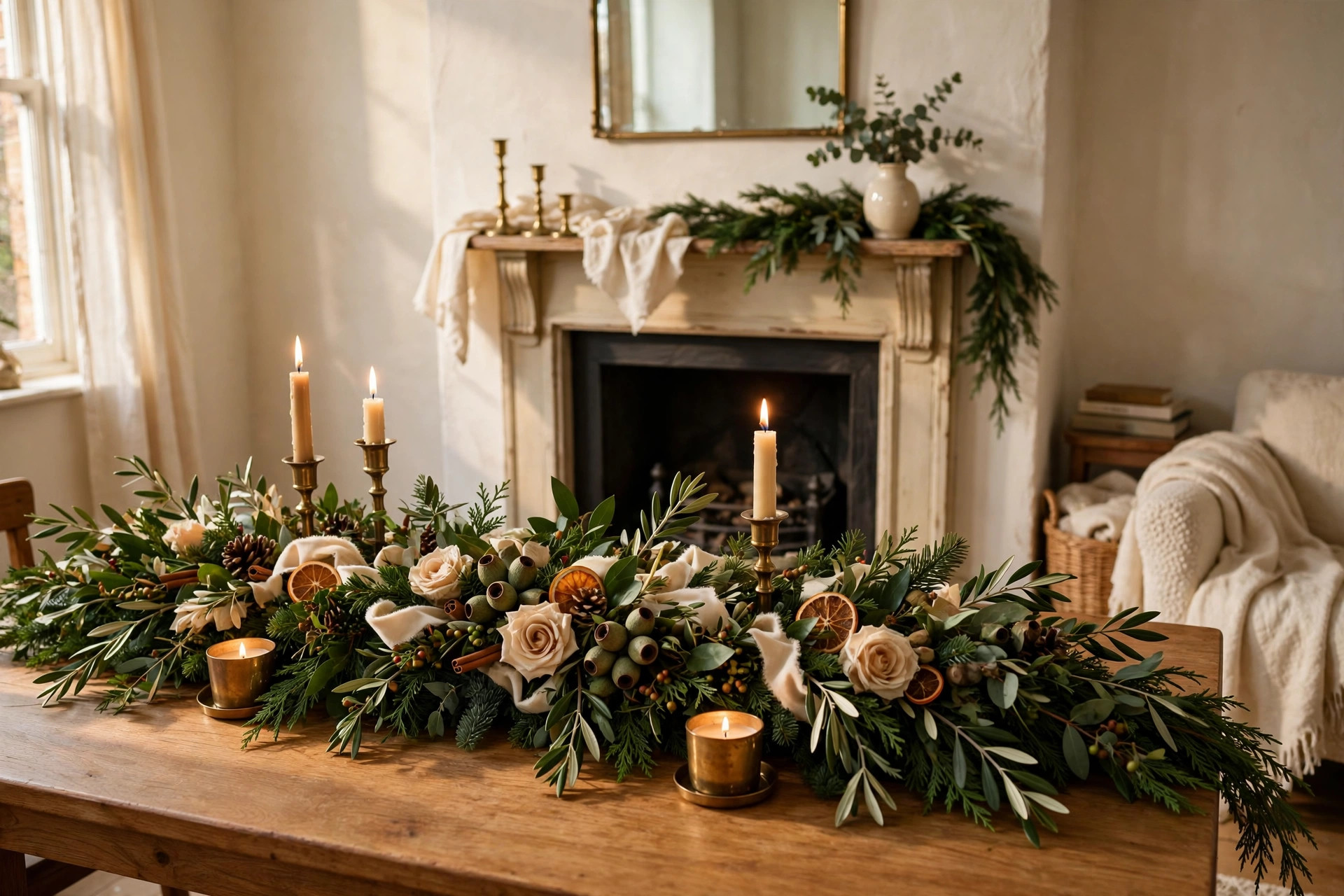 Christmas centrepiece of greenery and candles styled to move from dining table to mantel