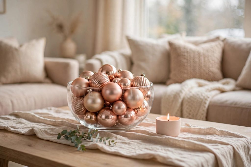 Glass bowl filled with rose-gold and blush ornaments as a coffee table centerpiece