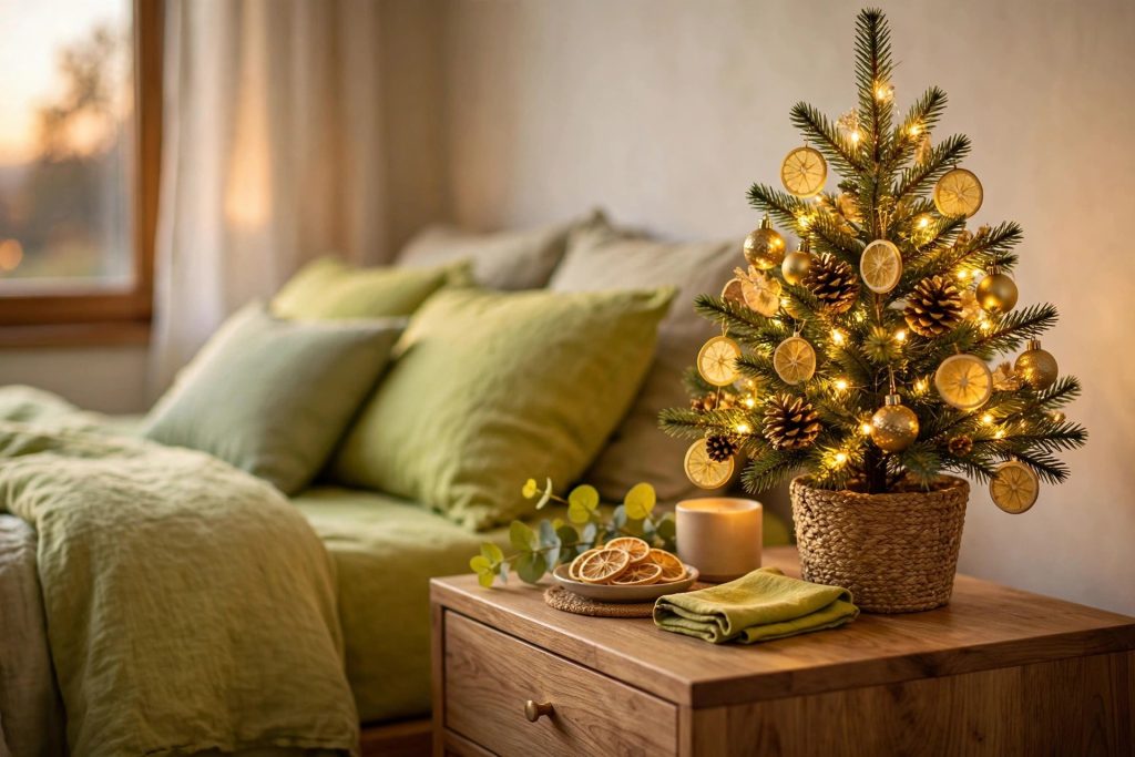 Small tabletop Christmas tree in gold and lemon tones with warm fairy lights