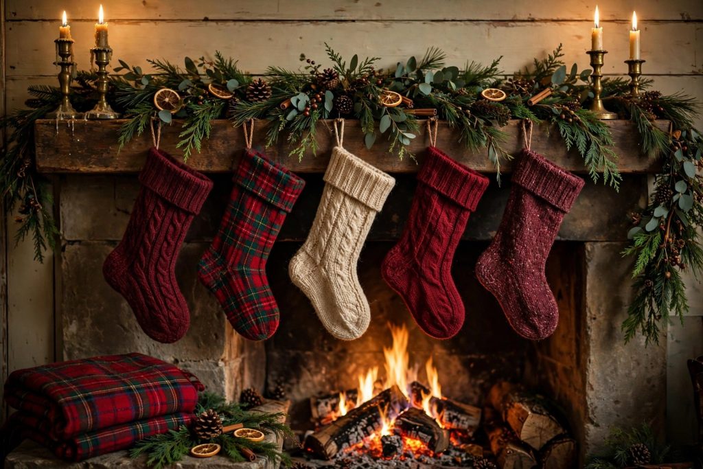 Hand-knit stockings hung on a fireplace mantel with evergreen garland