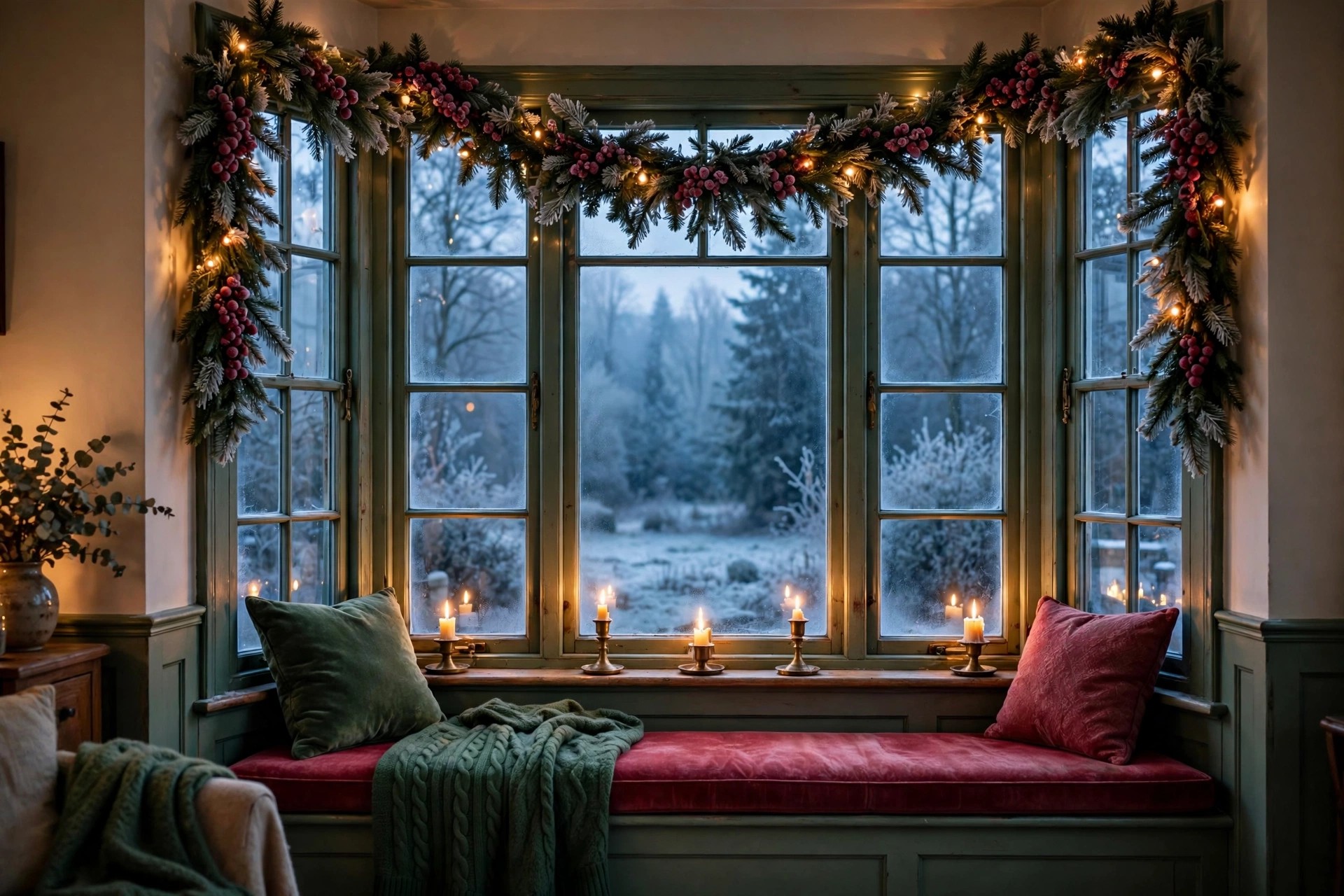 Window with evergreen garland, frosted berries and warm fairy lights