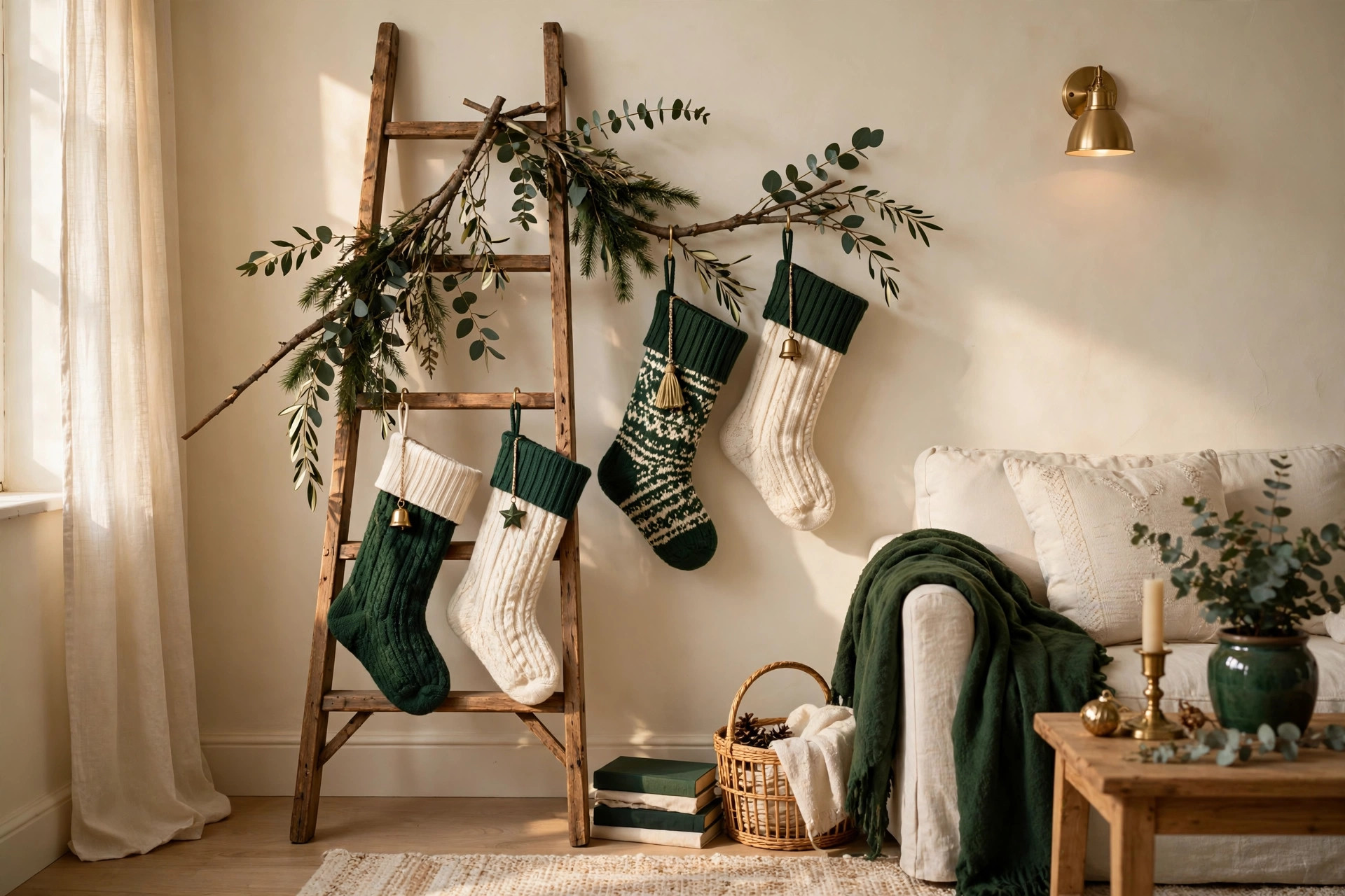 Christmas stockings hung from a wooden ladder and branch display in a living room without a fireplace
