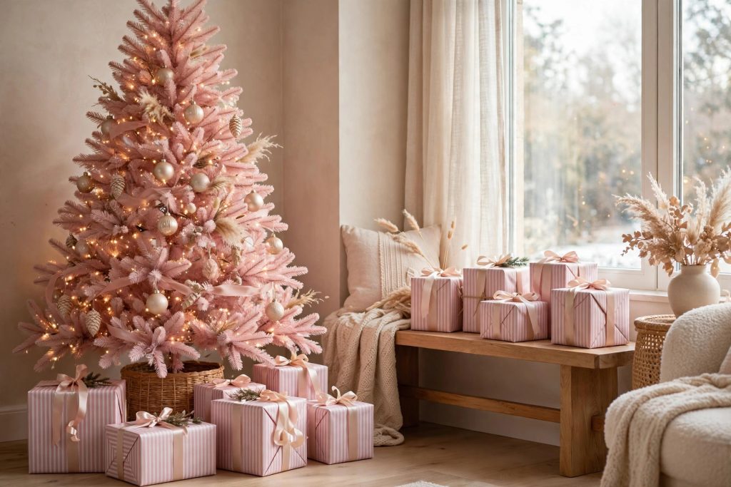 Coordinated pink and white wrapped Christmas gifts with velvet ribbon under the tree