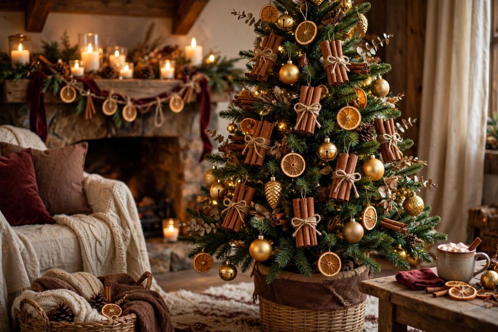 Natural garland of cinnamon stick bundles and dried orange slices on a Christmas tree