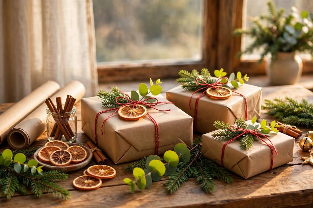 Citrus gift wrap station with kraft paper, dried-orange gift tags, red twine and cinnamon sprigs