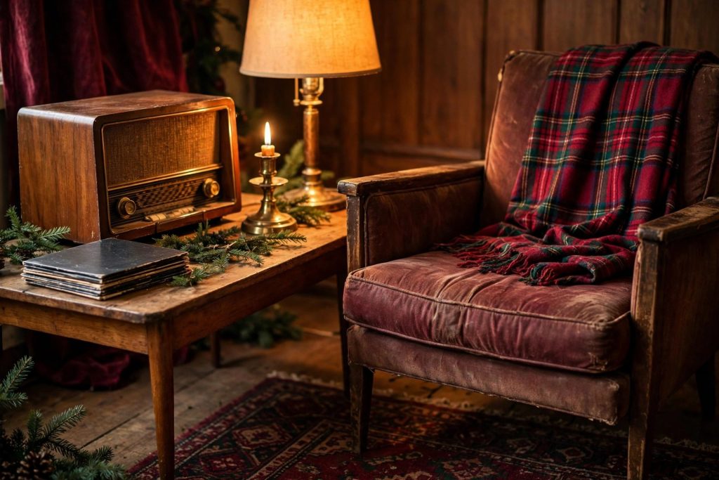 Vintage radio and vinyl records on a side table in a warm Christmas corner