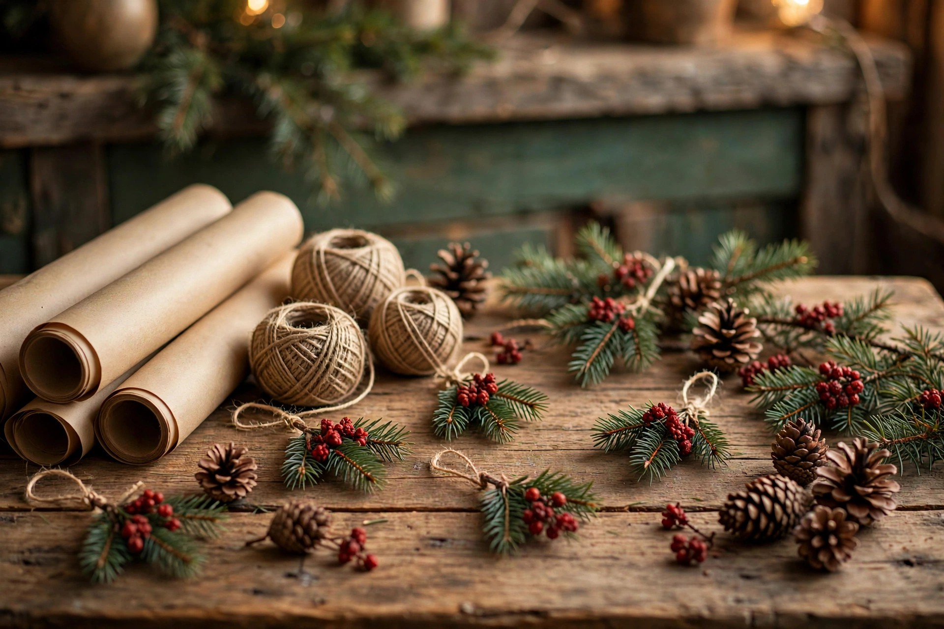 Forager's gift wrap — kraft paper, twine, pine sprigs and dried berry gift tags