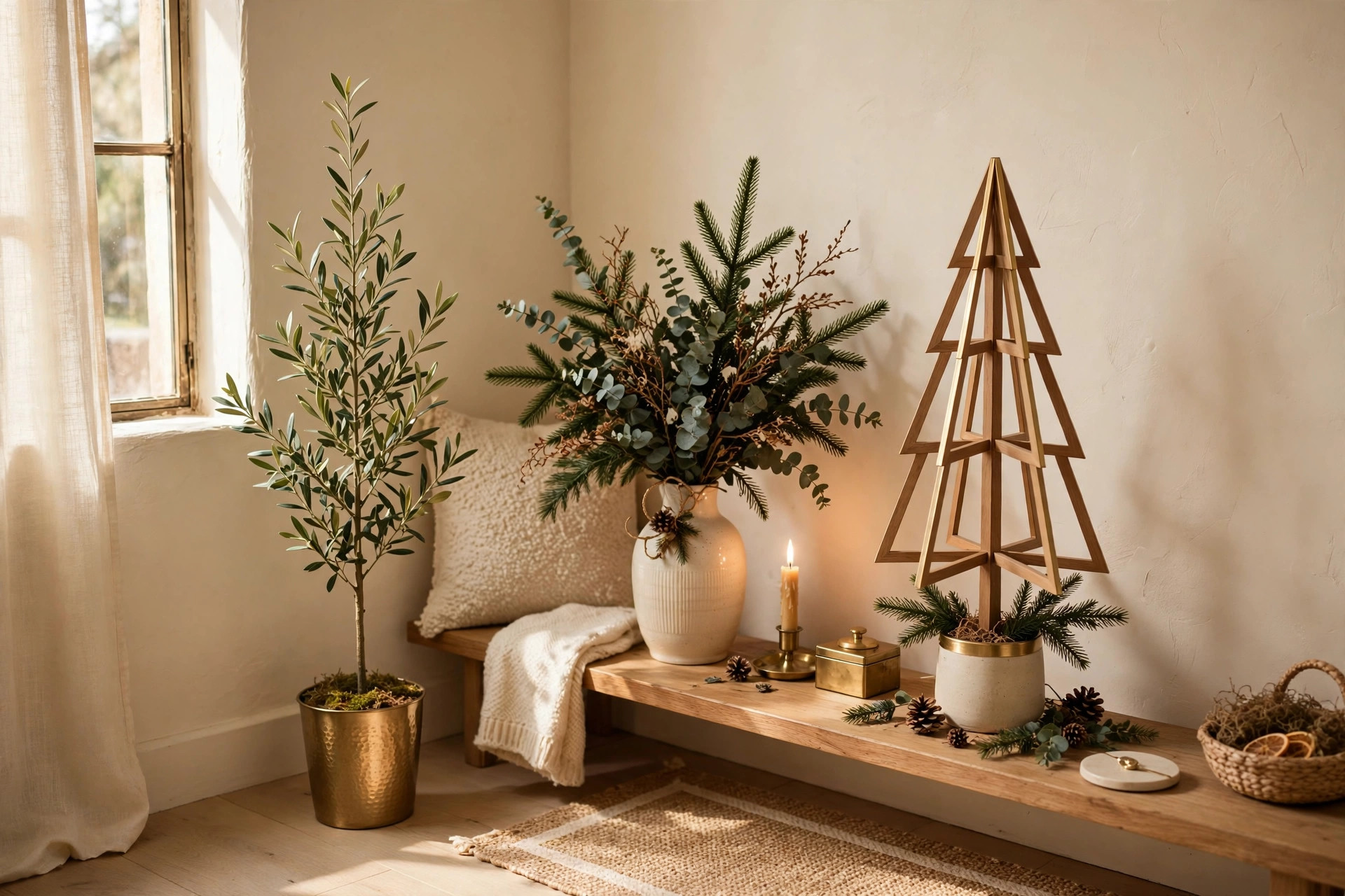 Slim and tabletop Christmas tree alternatives styled for a small living room corner