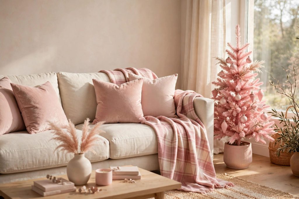 Neutral sofa styled with blush throw pillows and a pink plaid throw for Christmas