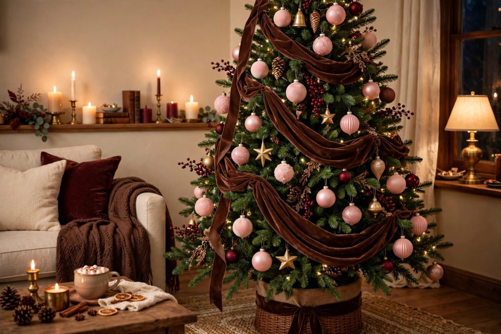 Hot cocoa Christmas decor meets pink — blush ornaments with chocolate brown ribbon on a green tree