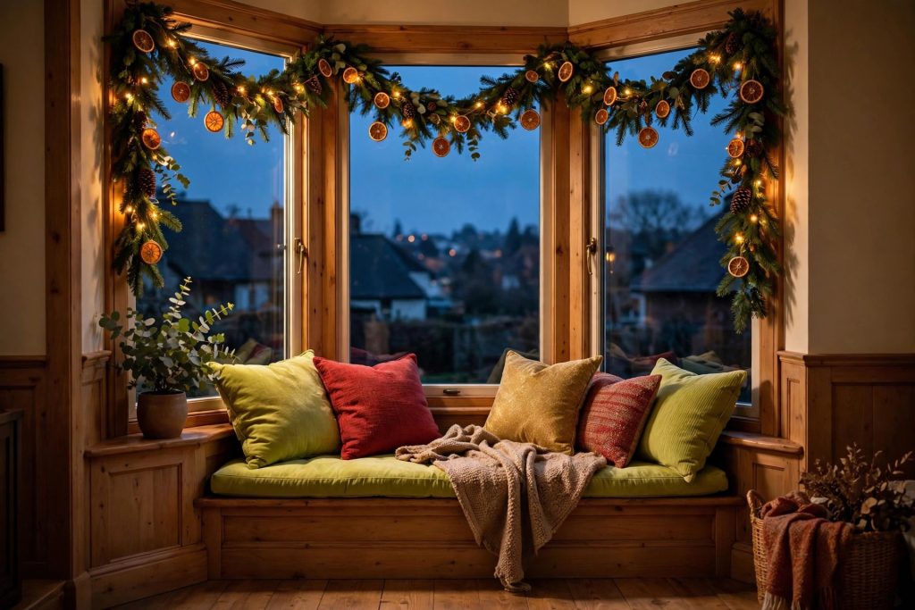 Bay-window evergreen garland studded with dried orange slices and warm fairy lights