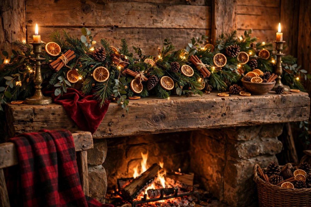 Nostalgic Christmas decor garland — pinecones, dried orange slices and cinnamon sticks on twine