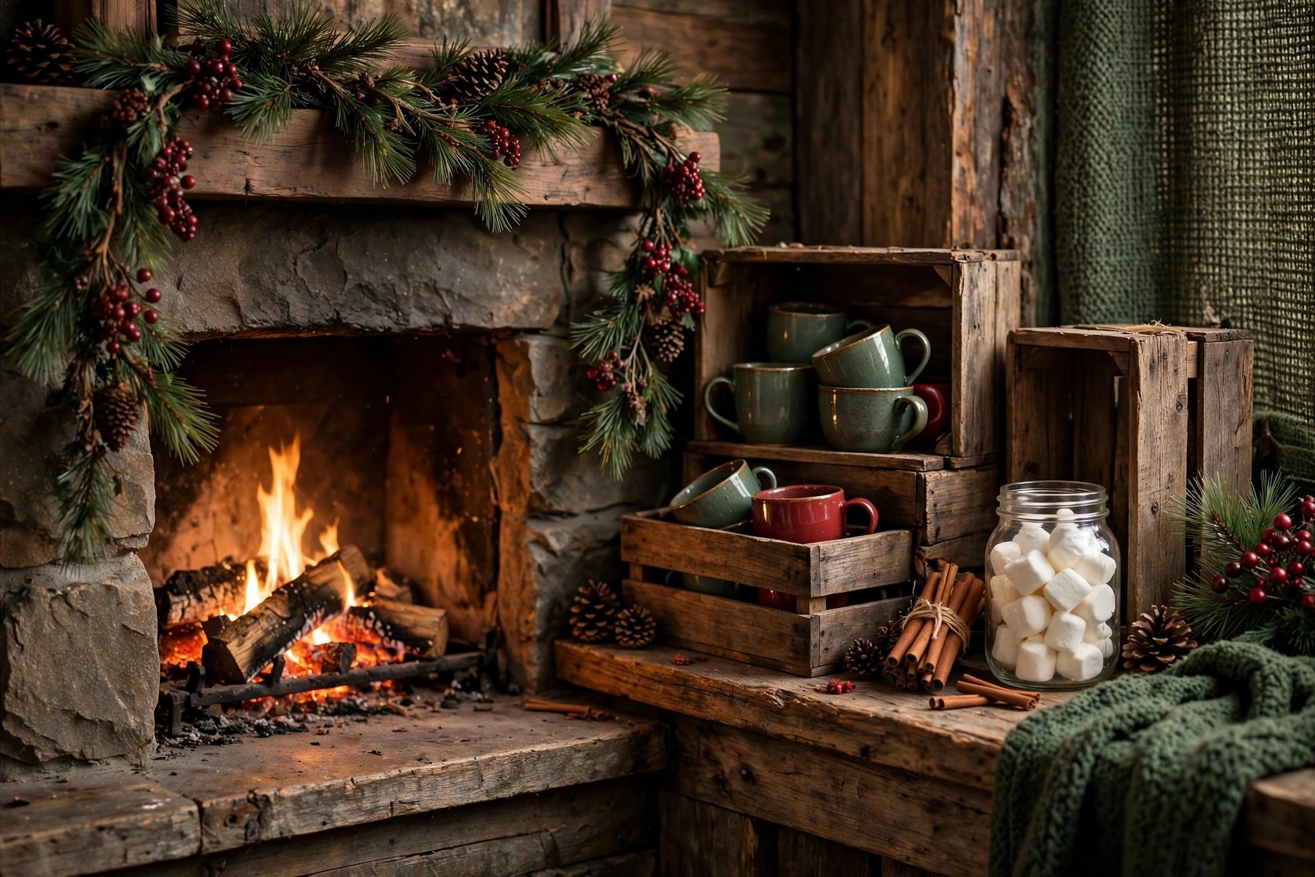 Rustic woodland cocoa bar with pine garland beside the fireplace