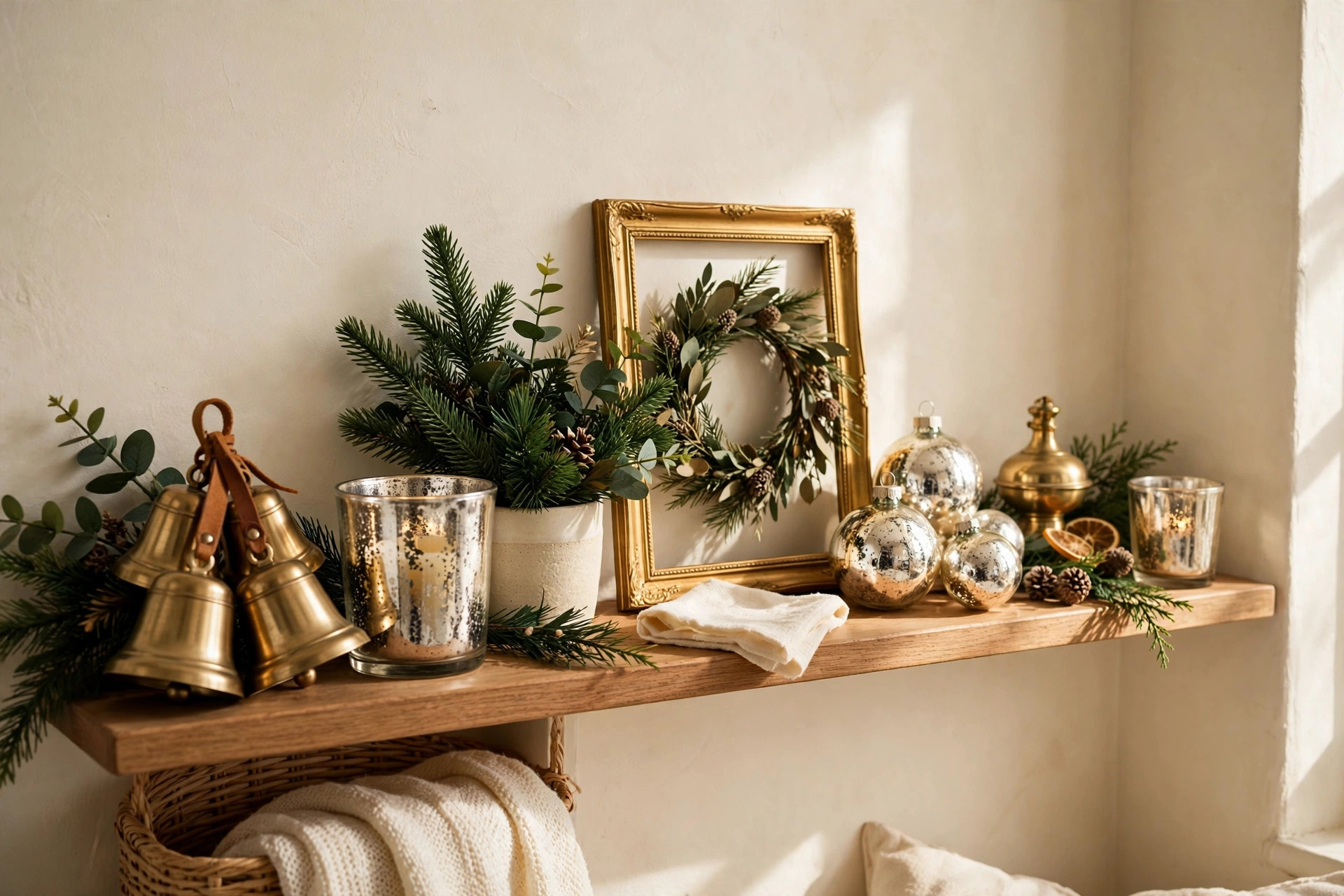 Brass bells, mercury glass and gold frame Christmas accents styled on a living room shelf