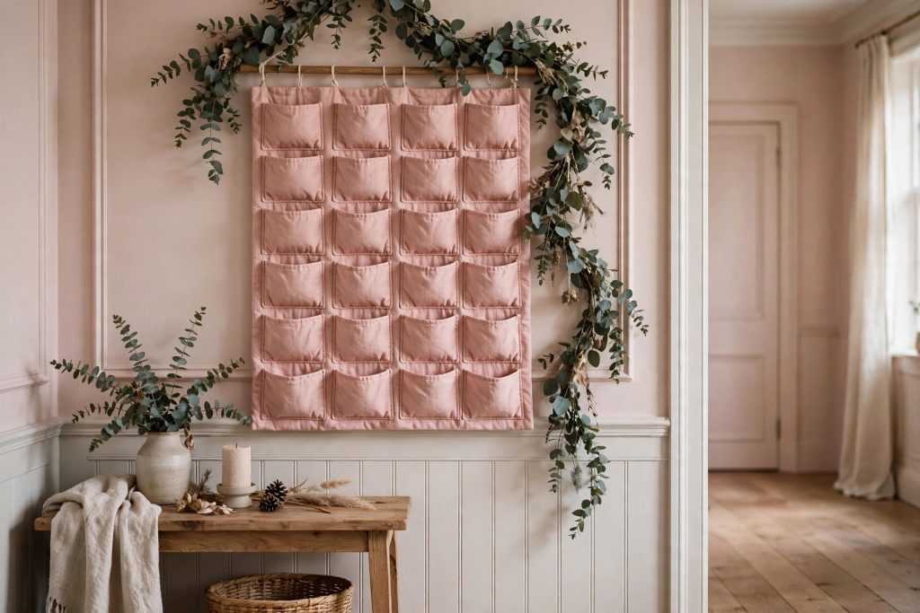Blush fabric pocket advent calendar styled on a hallway wall
