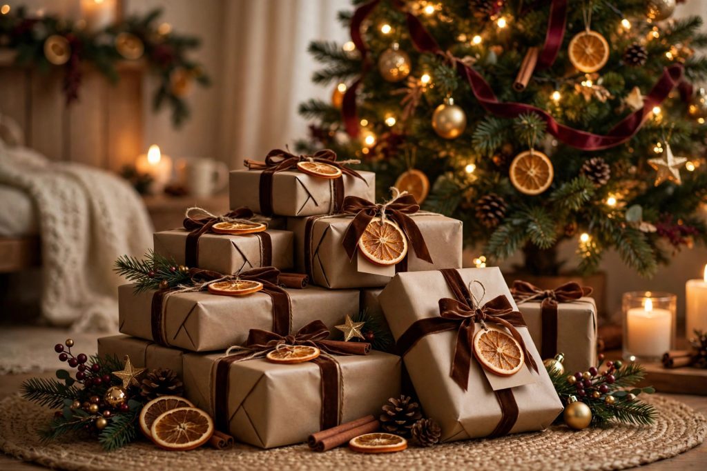 Coordinated cocoa gift wrap in kraft paper and velvet ribbon with dried-orange gift tags