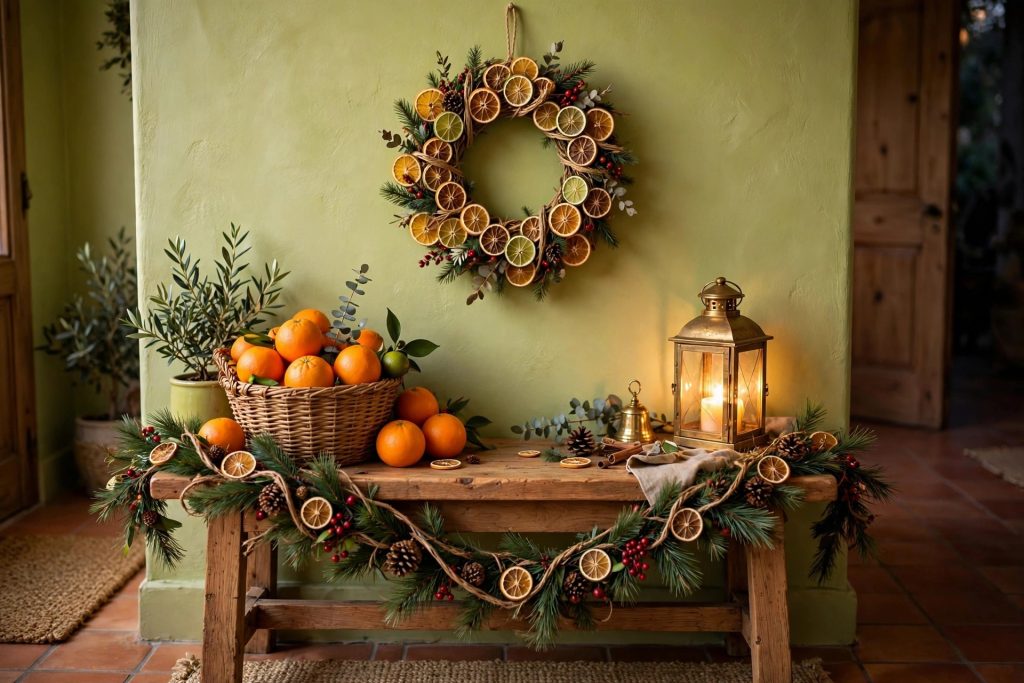 Natural entryway with citrus wreath, pine garland on console table and basket of fresh oranges