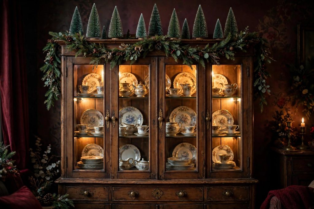 China cabinet glowing with fairy lights behind vintage dishes, bottle-brush trees on top