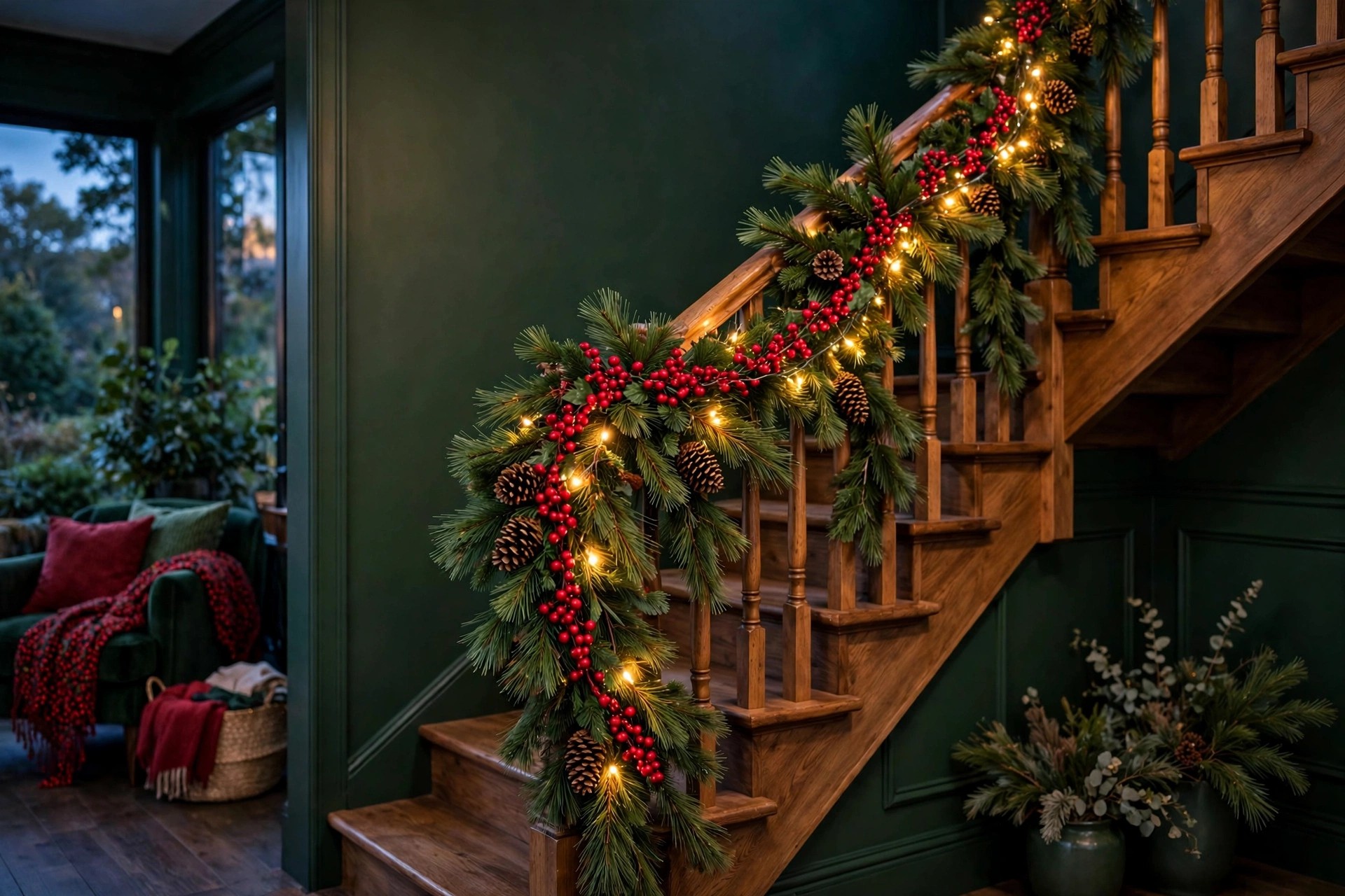 Staircase banister wrapped in pine garland with pinecones and red berries
