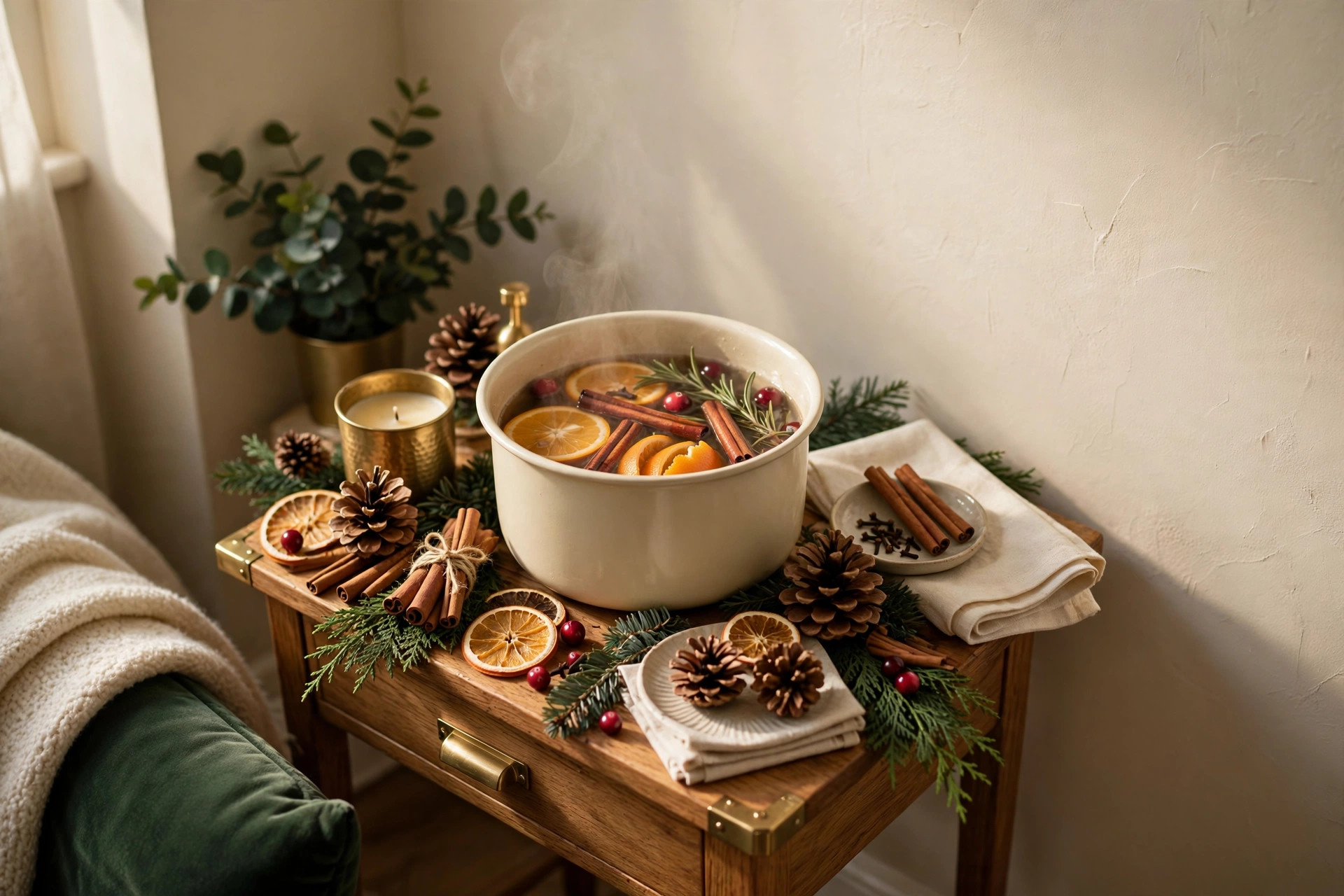 Christmas simmer pot and cinnamon pine cone styling on a living room side table