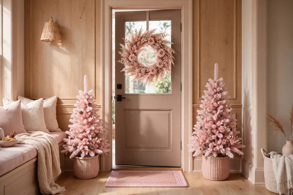 Pink Christmas entryway with blush doormat and mini pink trees flanking the door