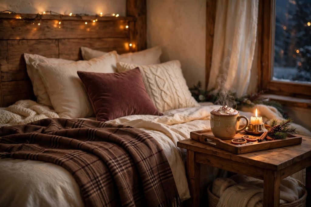 Cozy bedroom corner with brown plaid throw, amber fairy lights and a bedside cocoa tray