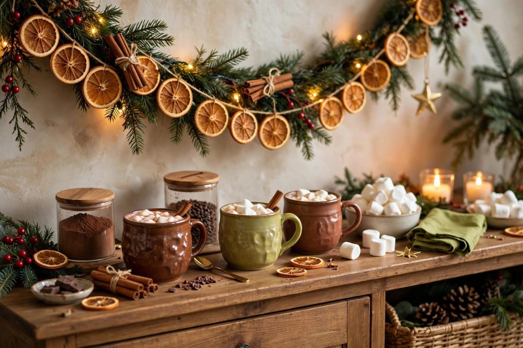 Citrus Christmas decor meets hot cocoa — dried-orange garland draped over a hot cocoa bar