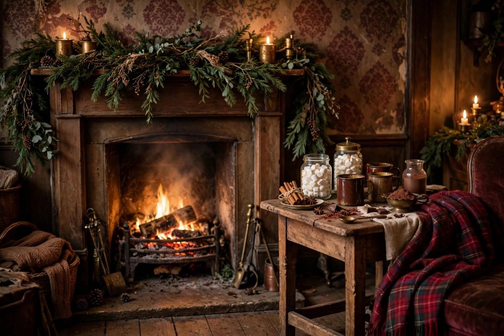 Vintage mugs and small cocoa bar with marshmallows beside a glowing fireplace