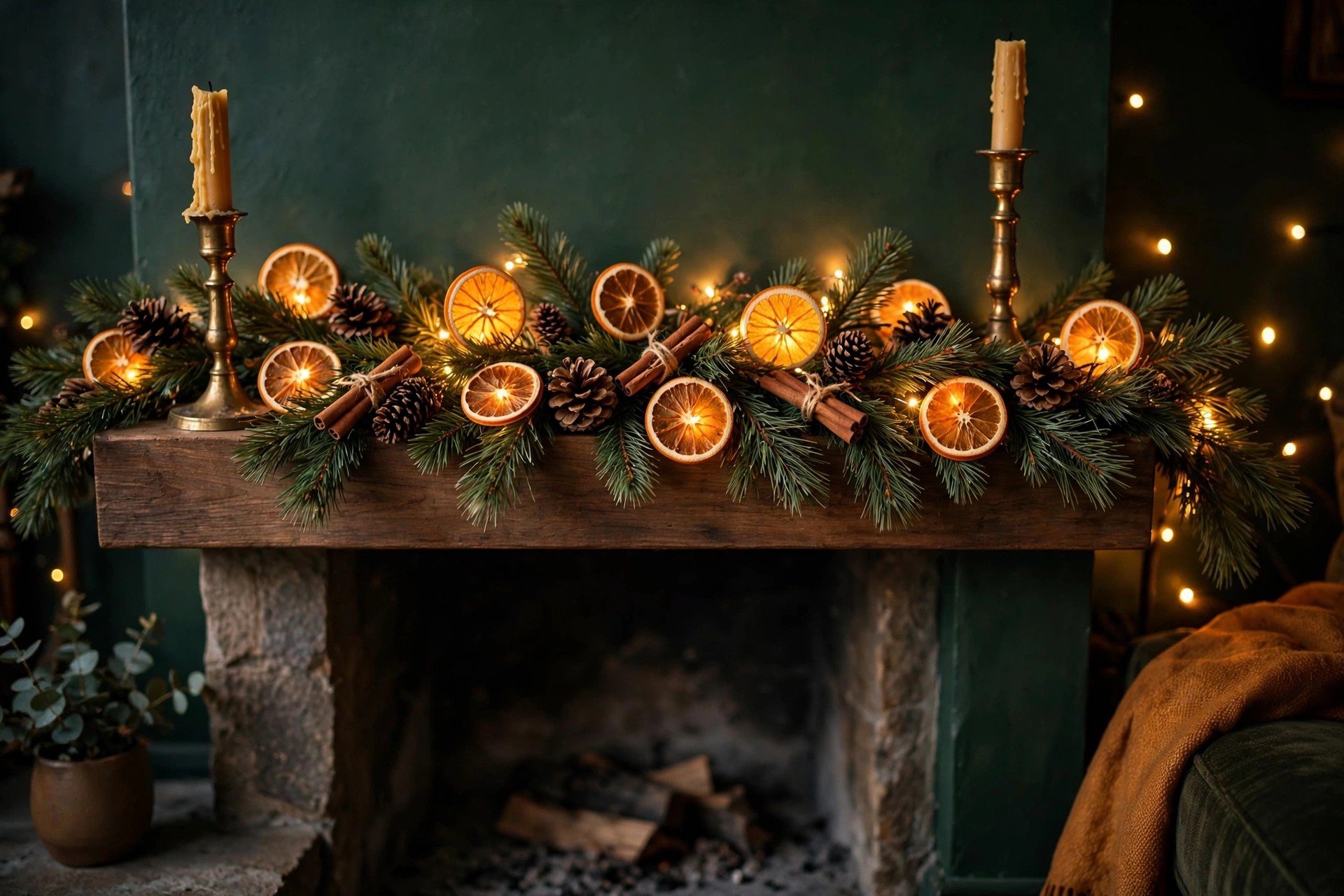 Woodland Christmas decor mantel — pine garland with dried orange slices and cinnamon sticks