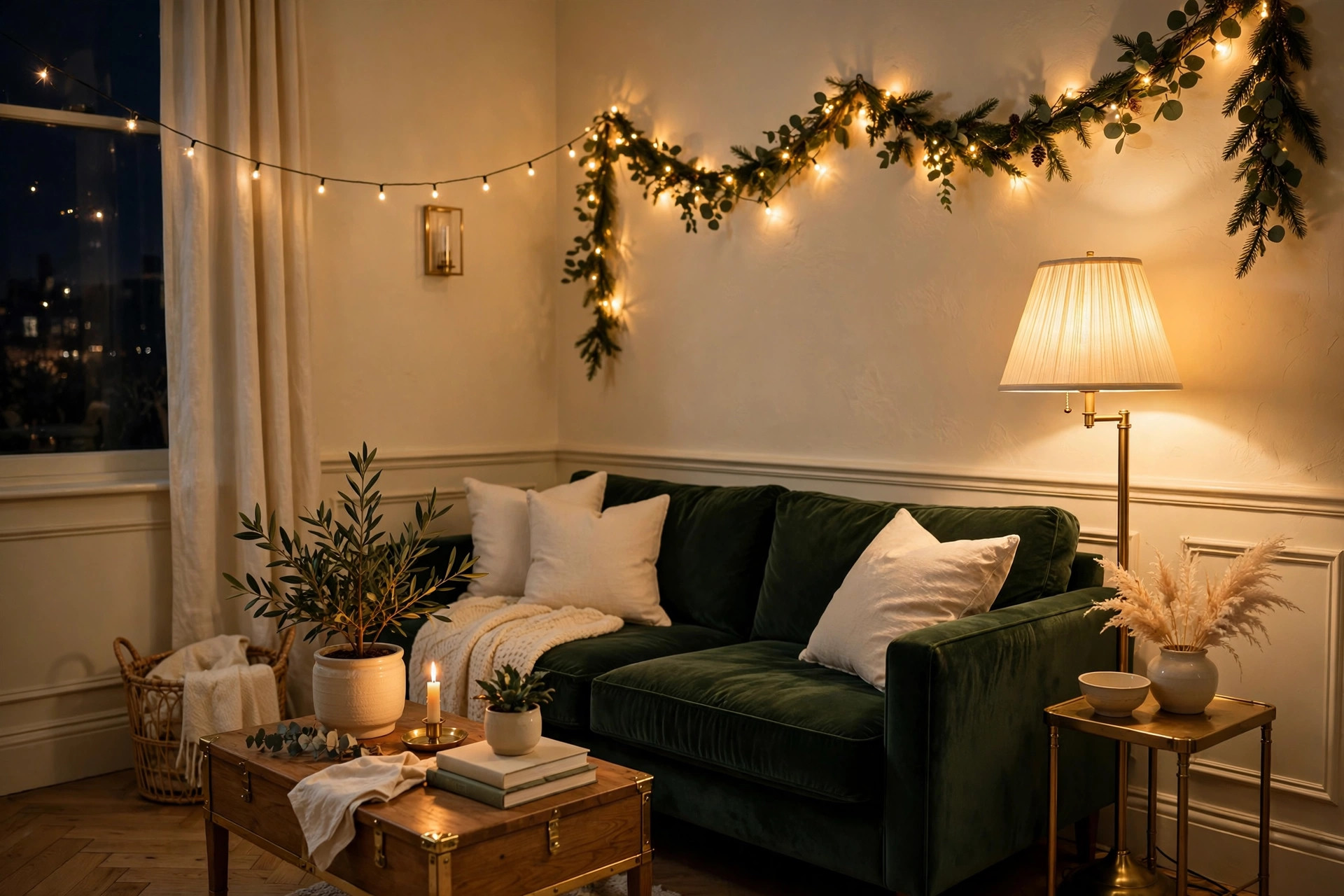 Christmas living room decor ideas at night: timed lights and one warm focal glow