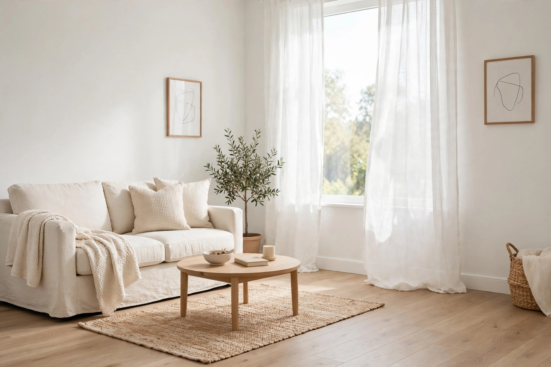 Light and airy small living room in white and cream tones