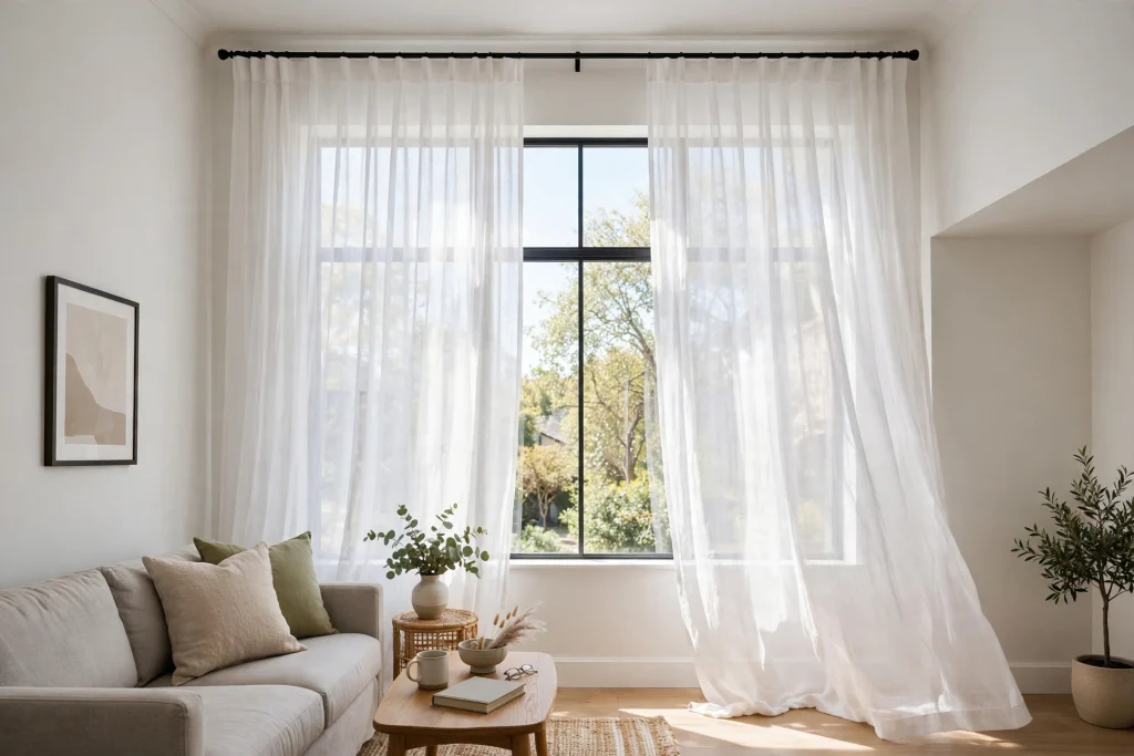 Floor-to-ceiling sheer curtains making a small living room window look grand